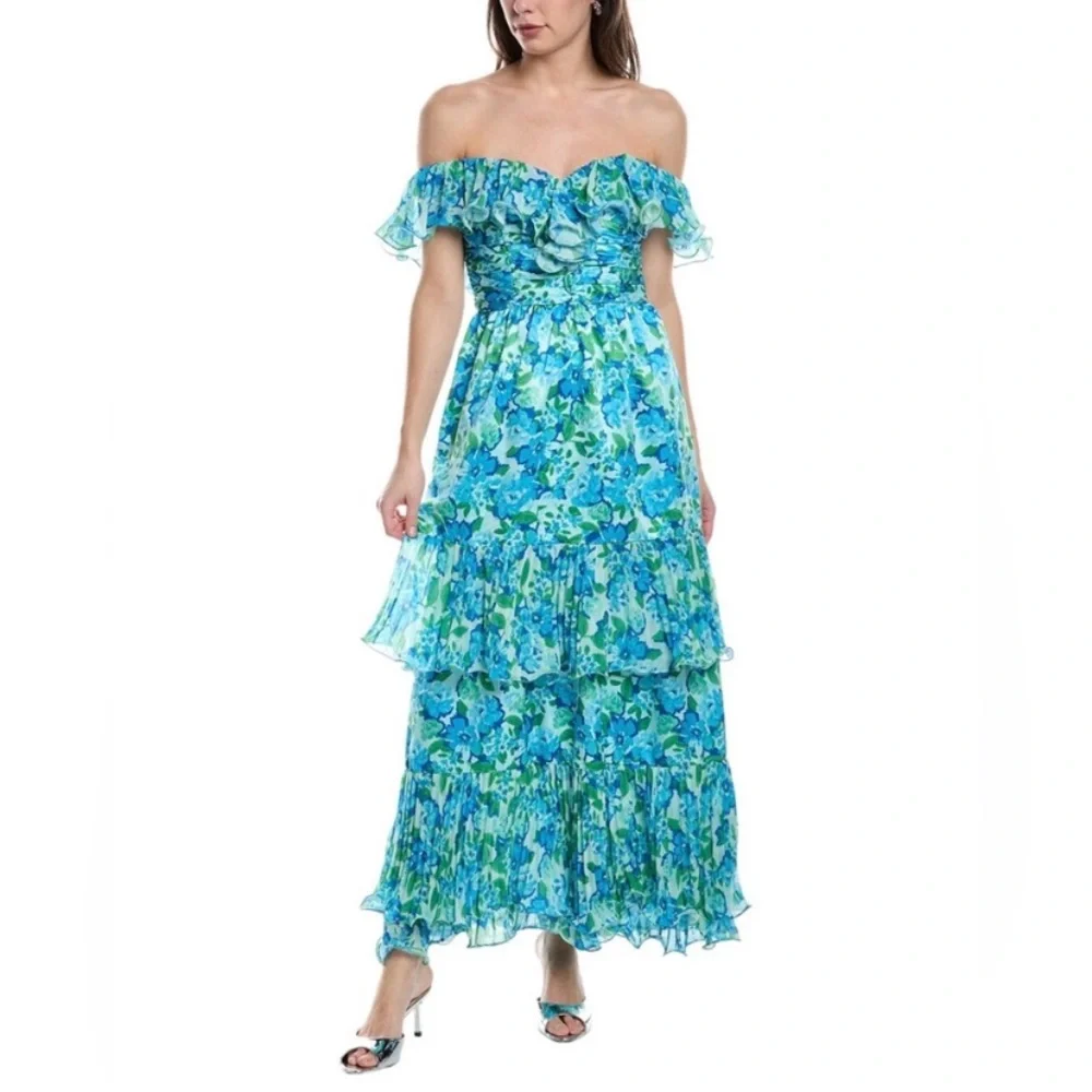 Amur Dress Womens Size 6 Pia Garden Blues Floral Pleated Tiered Midi Cottage - Picture 1 of 16